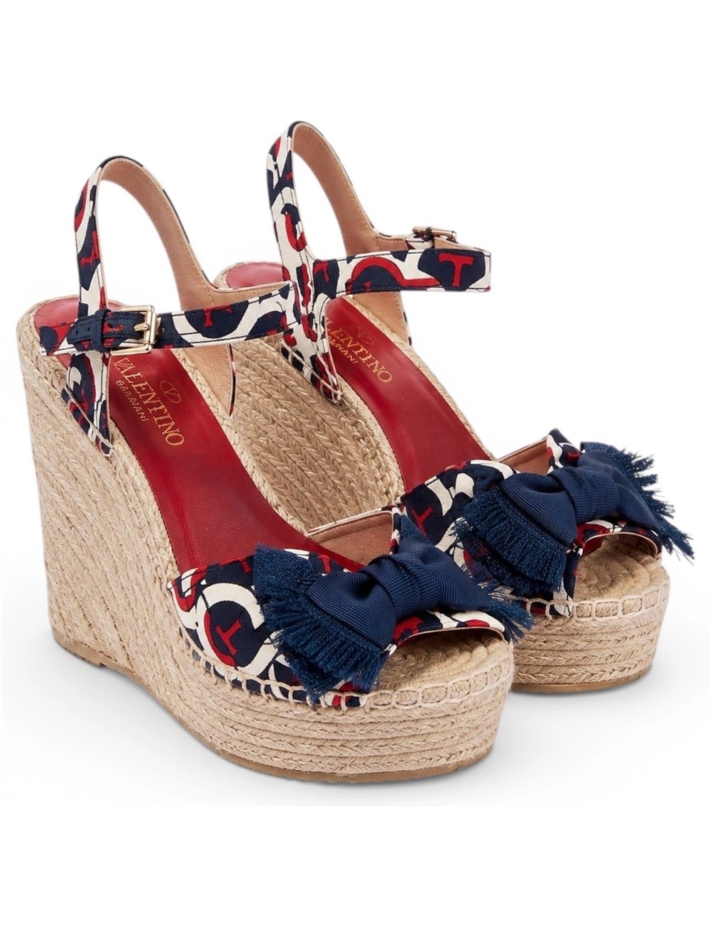 Valentino Red, Navy & White Logo Bow Espadrille Wedge Sandals
